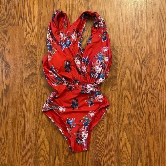 NEW ModCloth Red Floral Lauren One Piece Swimsuit - Picture 3 of 6